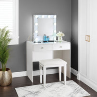 Hudi Makeup Vanity and Stool Set, 10 Lights, USB Power Outlet, White -BM335864