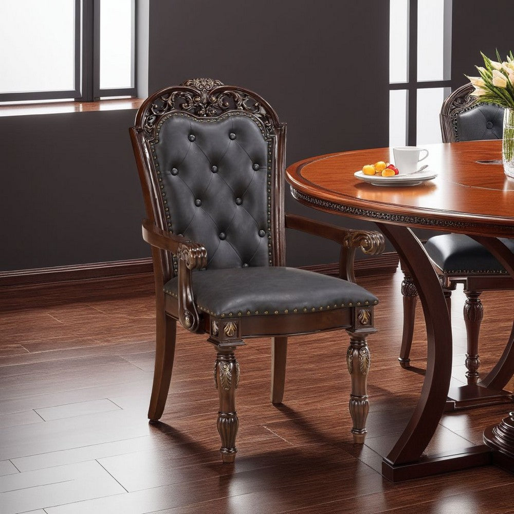 Nami Dining Armchair Set of 2, Traditional Carved Classy Cherry, Gray  -BM335867