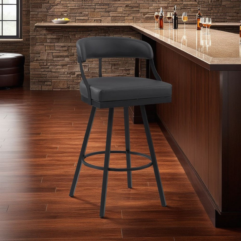 Rowl Swivel Bar Height Chair Set of 2, Metal Legs, Black Faux Leather -BM335892