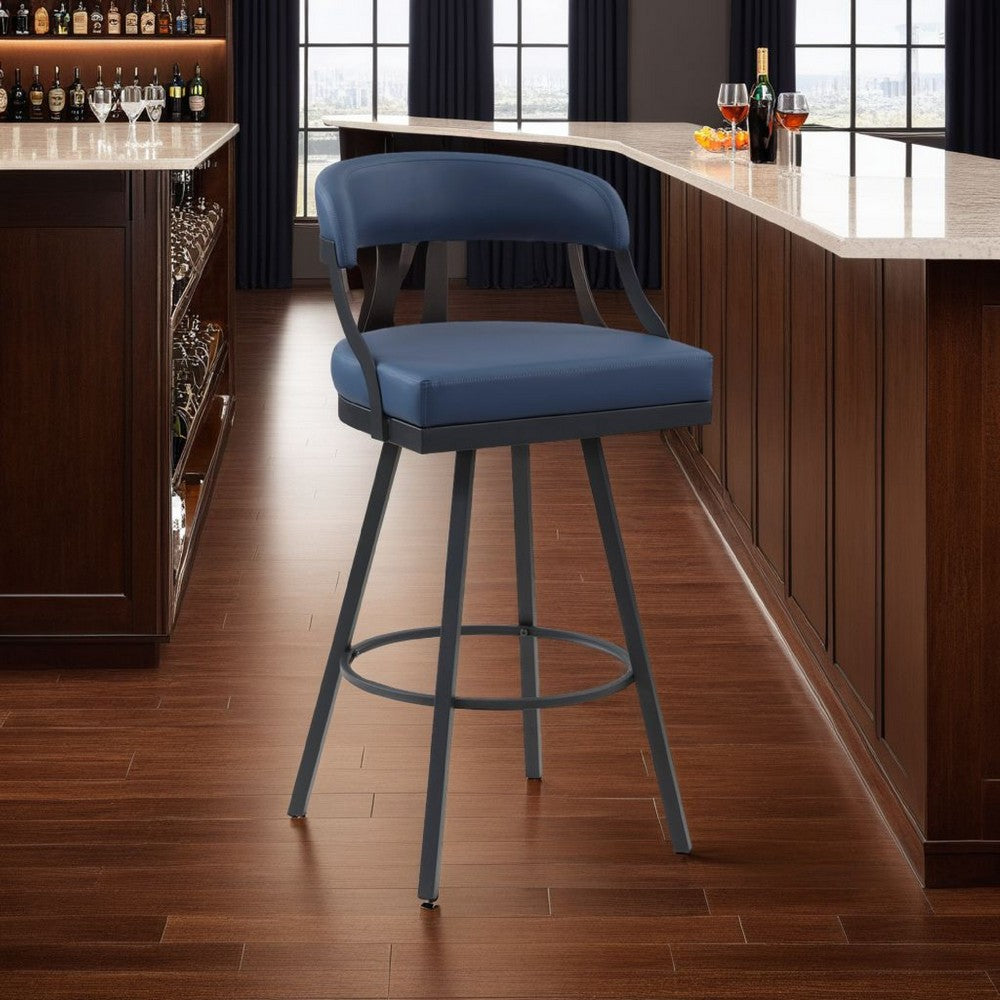 Rowl Swivel Bar Height Chair Set of 2, Metal Legs, Blue Faux Leather -BM335893