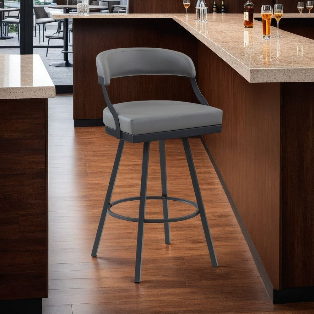 Rowl Swivel Bar Chair Set of 2, Metal Legs, Gray Faux Leather Seat -BM335894