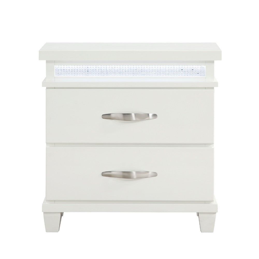 Jisy Nightstand, 2 Drawers, LED Lights, White Wood, Chrome Handles -BM335898