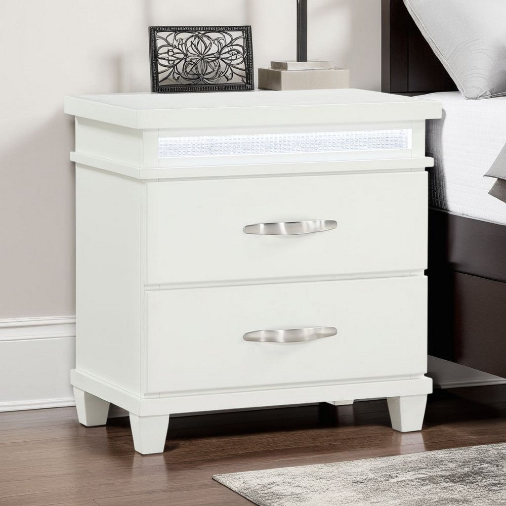 Jisy Nightstand, 2 Drawers, LED Lights, White Wood, Chrome Handles -BM335898