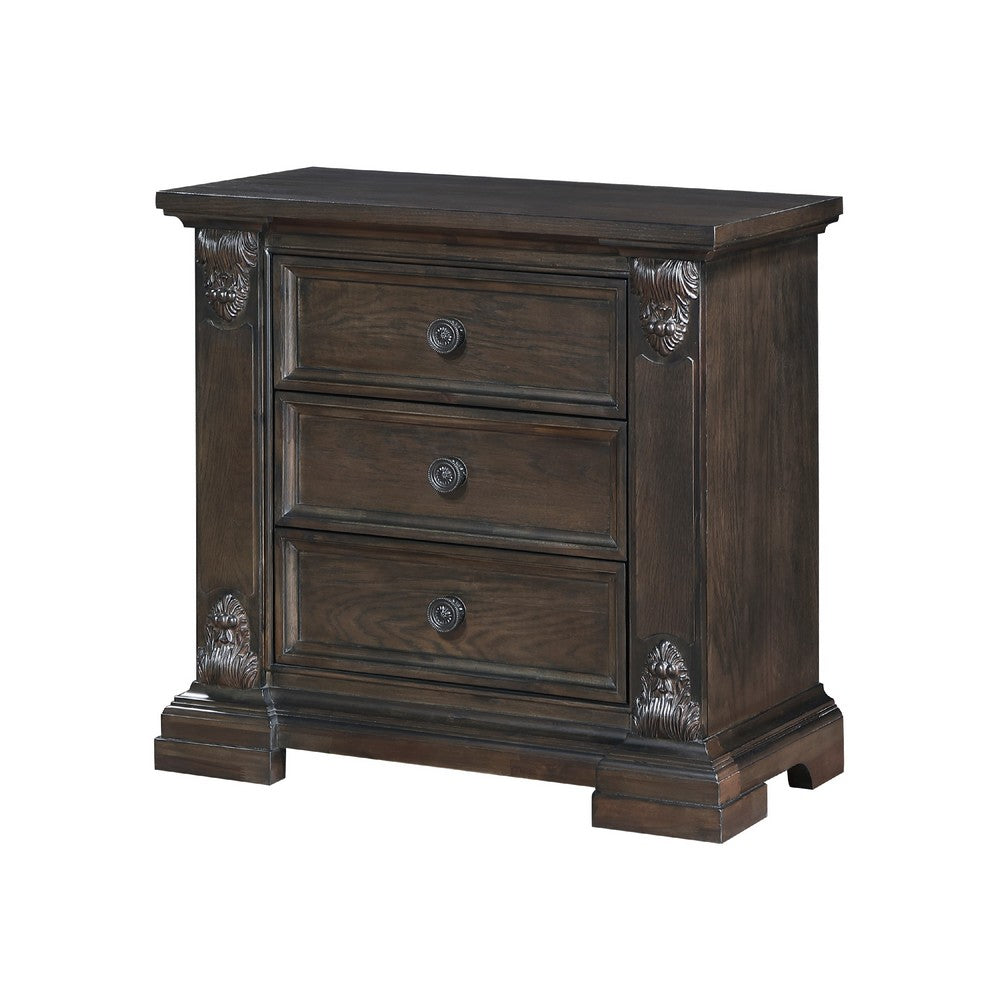 Walz Nightstand, 3 Drawers, Espresso Brown Oak Veneer, Black Knobs -BM335901