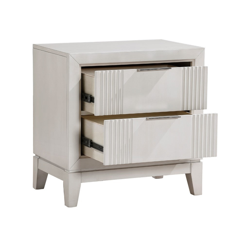 Flo Nightstand, 2 Drawers, Antique White Wood, Chrome Edge Handles -BM335904