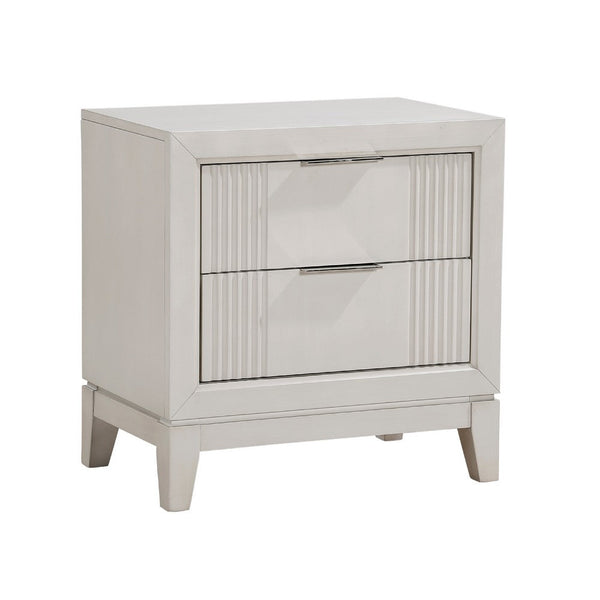 Flo Nightstand, 2 Drawers, Antique White Wood, Chrome Edge Handles -BM335904