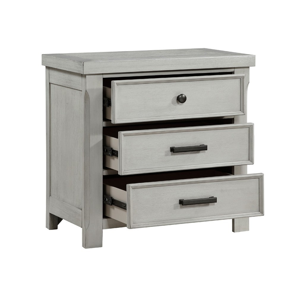 Brok Nightstand, 3 Drawers, Light Gray Acacia Wood, Black Bar Handles -BM335907