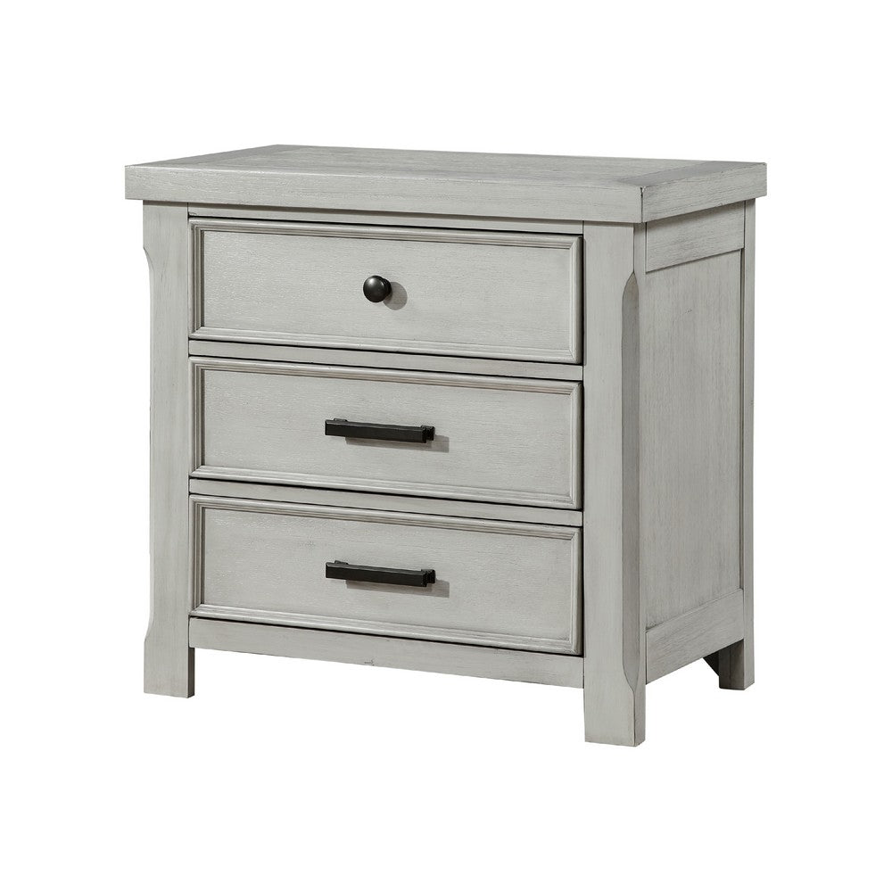 Brok Nightstand, 3 Drawers, Light Gray Acacia Wood, Black Bar Handles -BM335907