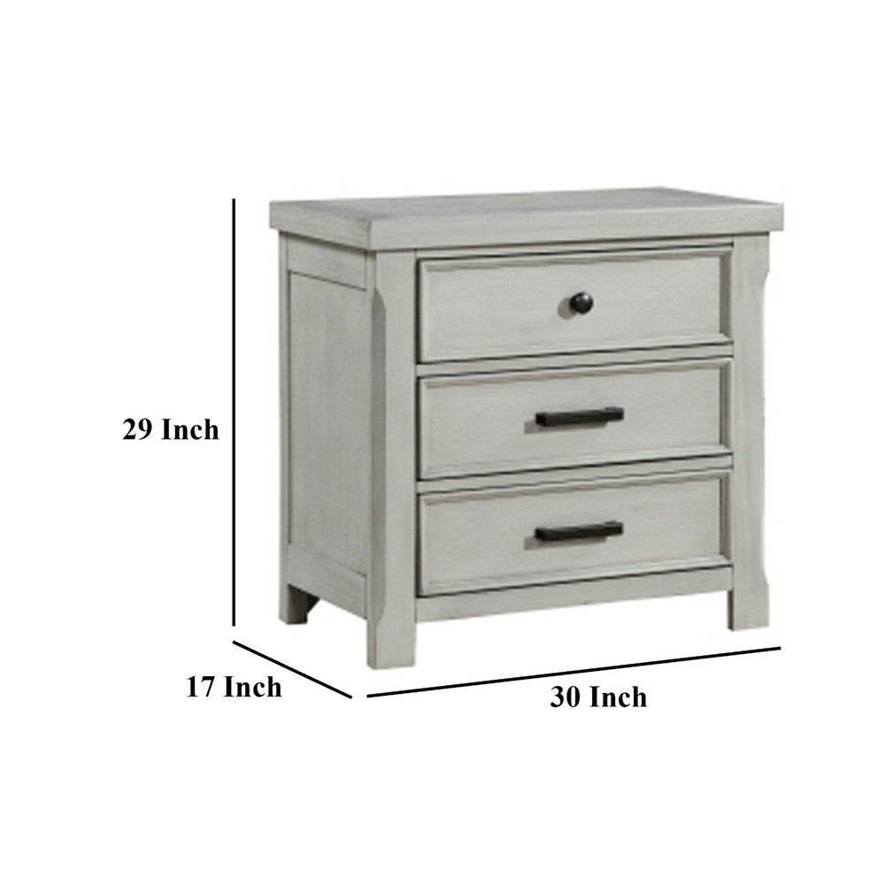 Brok Nightstand, 3 Drawers, Light Gray Acacia Wood, Black Bar Handles -BM335907