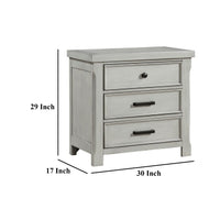 Brok Nightstand, 3 Drawers, Light Gray Acacia Wood, Black Bar Handles -BM335907