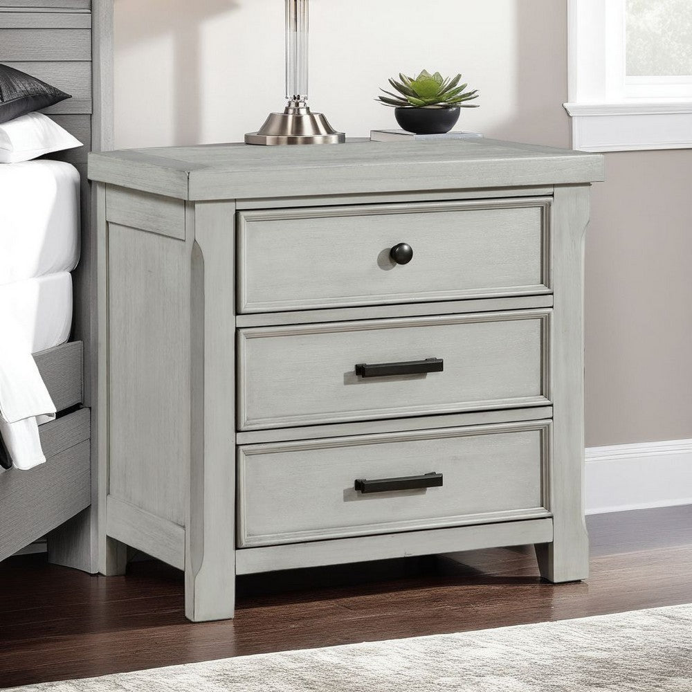 Brok Nightstand, 3 Drawers, Light Gray Acacia Wood, Black Bar Handles -BM335907