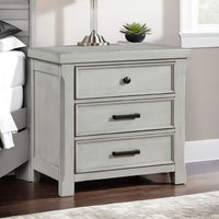 Brok Nightstand, 3 Drawers, Light Gray Acacia Wood, Black Bar Handles -BM335907