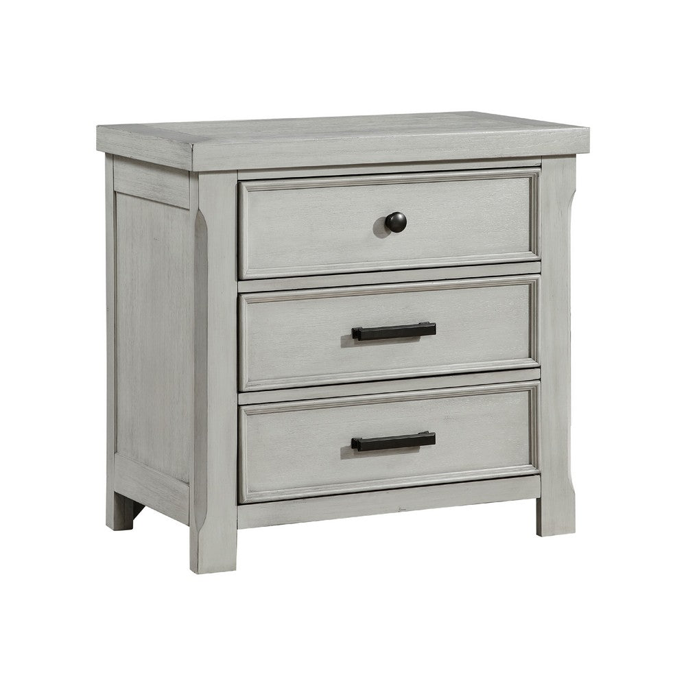 Brok Nightstand, 3 Drawers, Light Gray Acacia Wood, Black Bar Handles -BM335907
