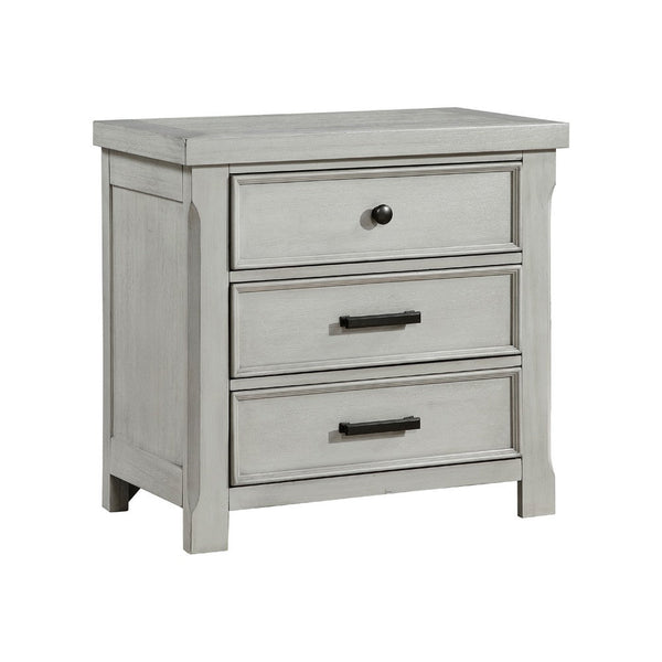 Brok Nightstand, 3 Drawers, Light Gray Acacia Wood, Black Bar Handles -BM335907