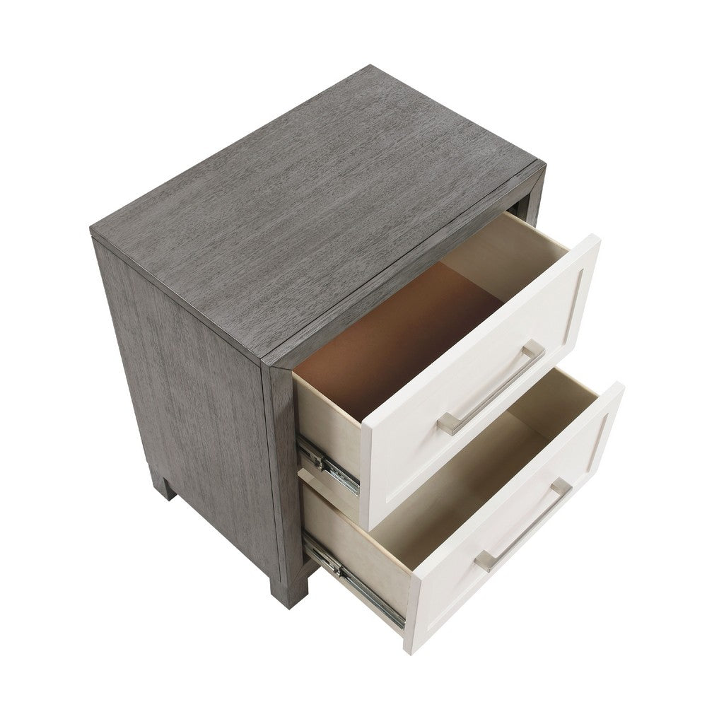 Rowy Nightstand, 2 Drawer Polished Bar Handles, Ivory and Gray Veneer -BM335922