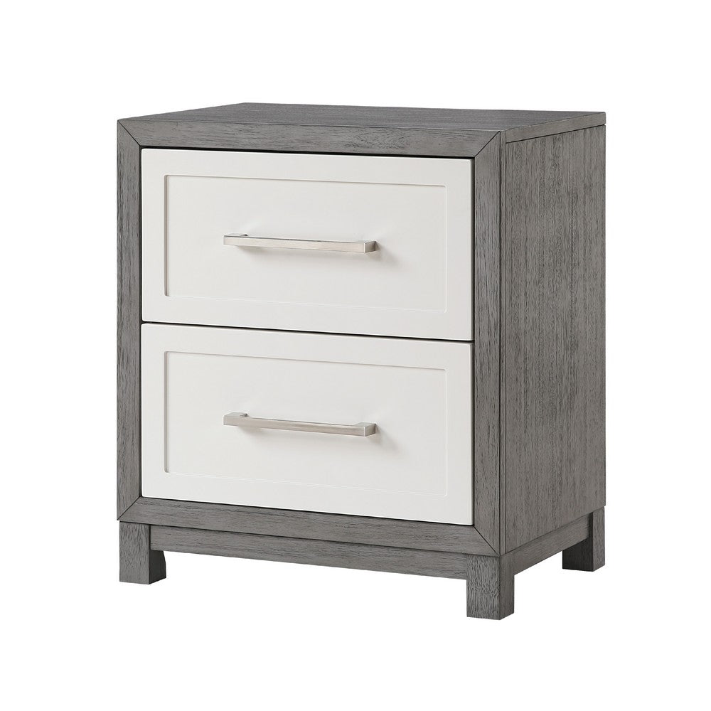 Rowy Nightstand, 2 Drawer Polished Bar Handles, Ivory and Gray Veneer -BM335922