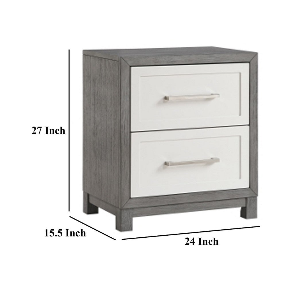 Rowy Nightstand, 2 Drawer Polished Bar Handles, Ivory and Gray Veneer -BM335922