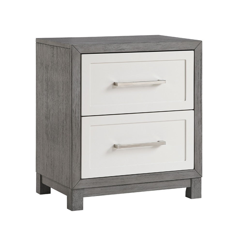 Rowy Nightstand, 2 Drawer Polished Bar Handles, Ivory and Gray Veneer -BM335922