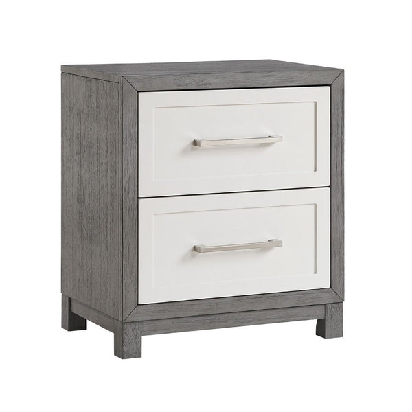Rowy Nightstand, 2 Drawer Polished Bar Handles, Ivory and Gray Veneer -BM335922