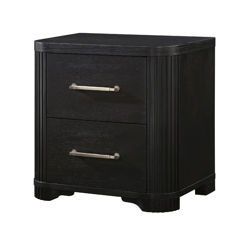 Chas Nightstand, 2 Drawers Brass Bar Handles, Charcoal Black Wood -BM335925