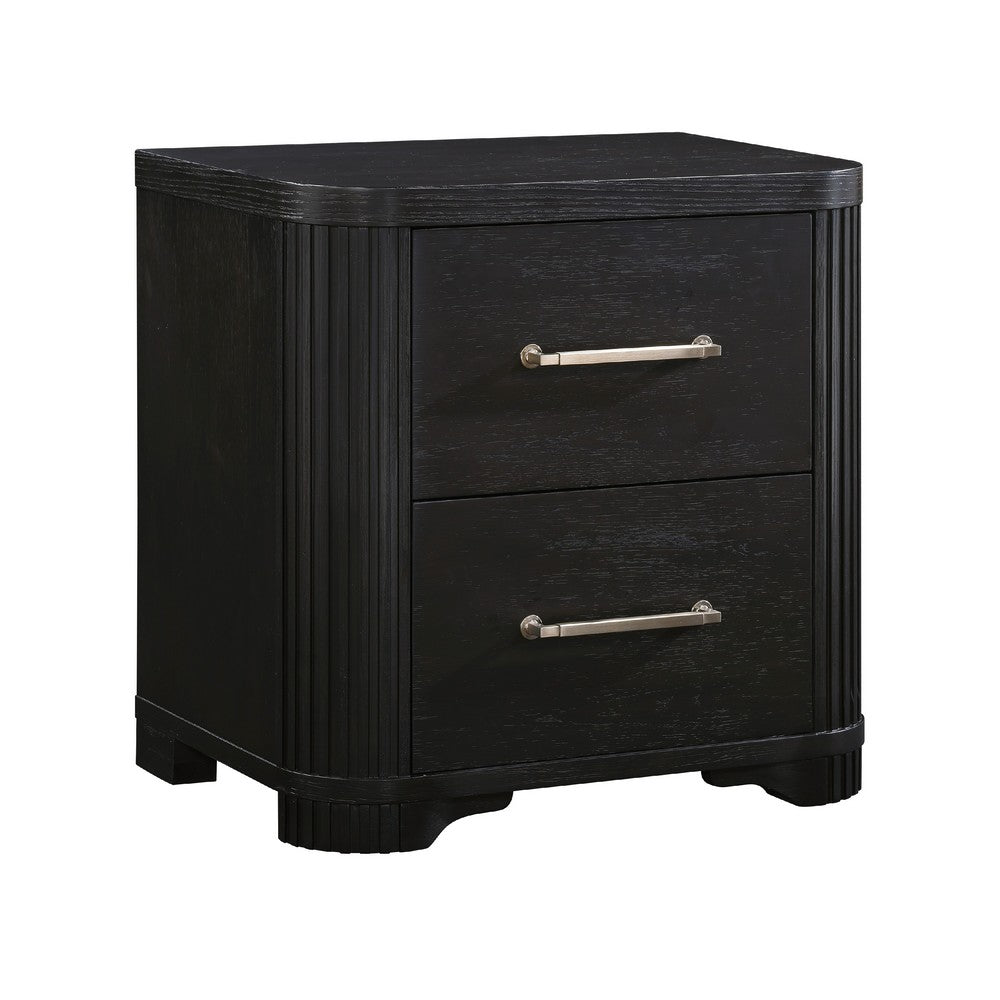 Chas Nightstand, 2 Drawers Brass Bar Handles, Charcoal Black Wood -BM335925