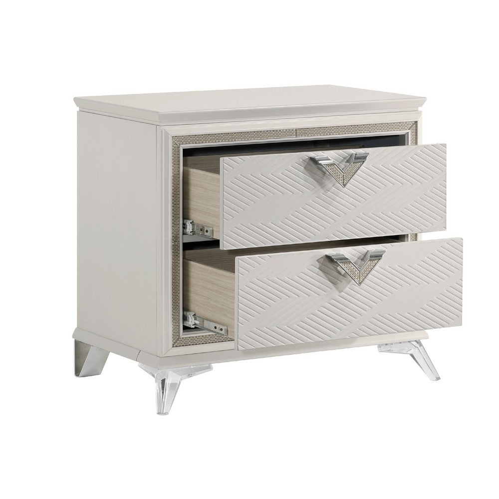 Dery Nightstand, 2 Drawers Chrome Triangle Handles, Gold White Wood -BM335928