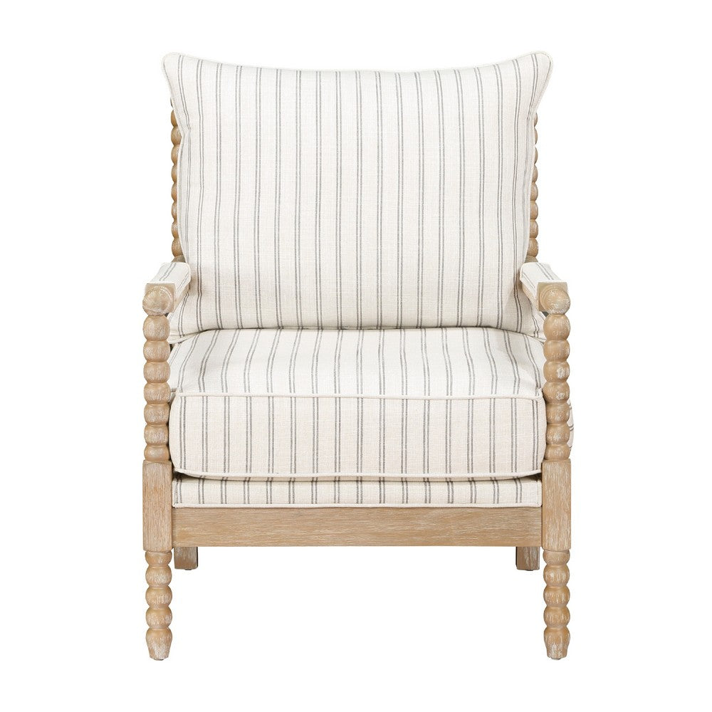 Tory Accent Armchair w White Gray Stripes, Brown Beaded Wood Frame -BM335948