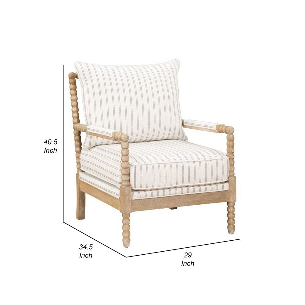 Tory Accent Armchair w White Gray Stripes, Brown Beaded Wood Frame -BM335948
