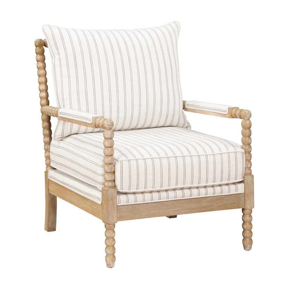 Tory Accent Armchair w White Gray Stripes, Brown Beaded Wood Frame -BM335948