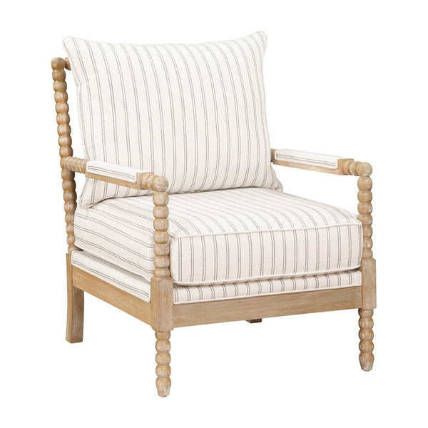 Tory Accent Armchair w White Gray Stripes, Brown Beaded Wood Frame -BM335948