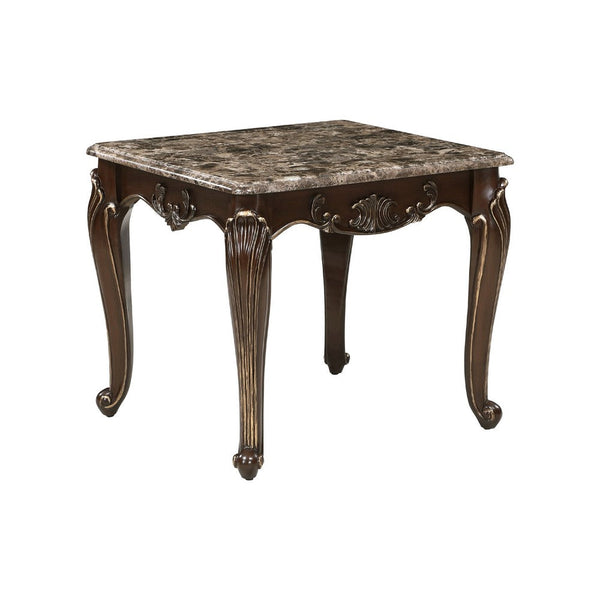 Hesar Side End Table, 28 Inch Marble, Cherry Brown Wood Cabriole Legs -BM335954