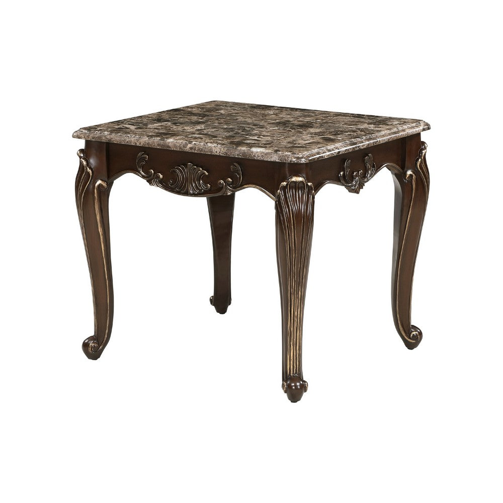 Hesar Side End Table, 28 Inch Marble, Cherry Brown Wood Cabriole Legs -BM335954