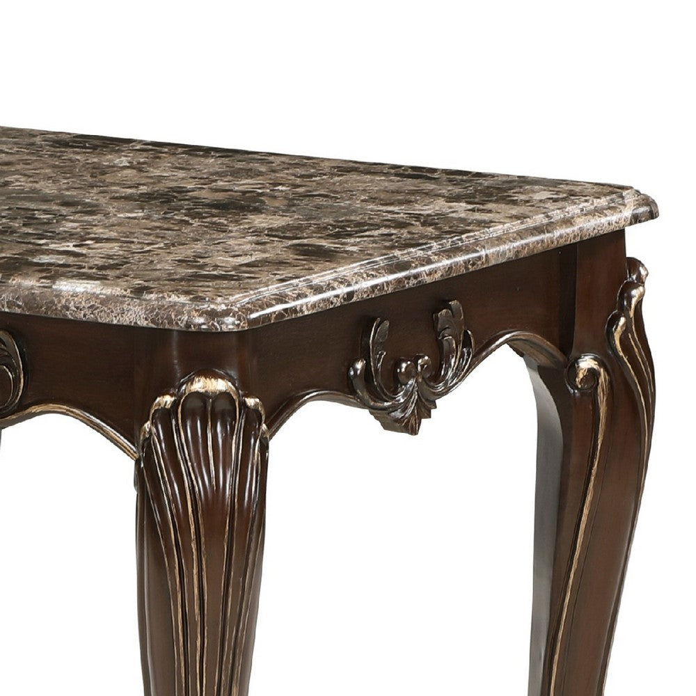 Hesar Side End Table, 28 Inch Marble, Cherry Brown Wood Cabriole Legs -BM335954