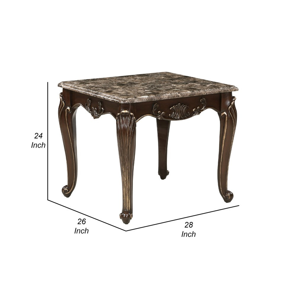 Hesar Side End Table, 28 Inch Marble, Cherry Brown Wood Cabriole Legs -BM335954