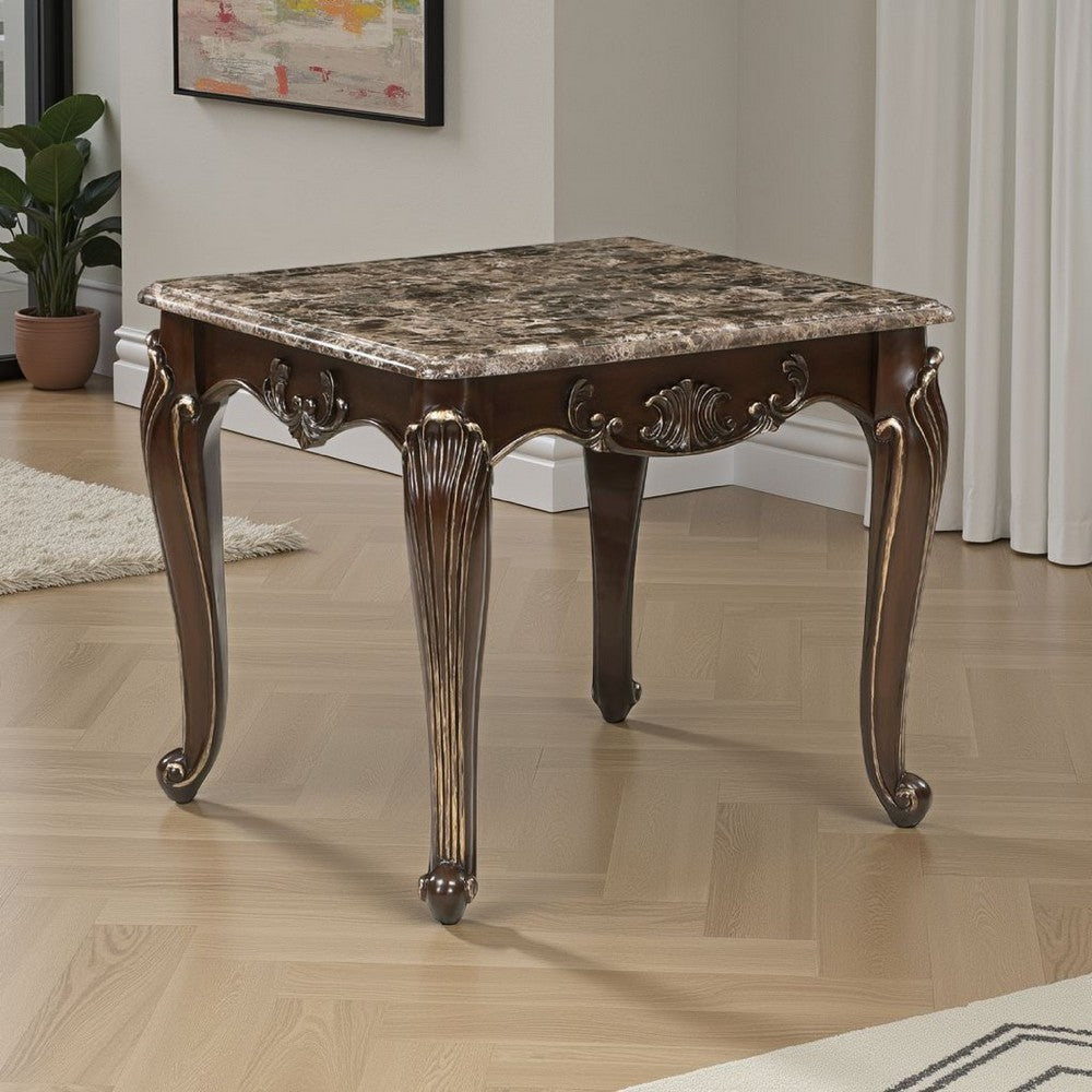 Hesar Side End Table, 28 Inch Marble, Cherry Brown Wood Cabriole Legs -BM335954