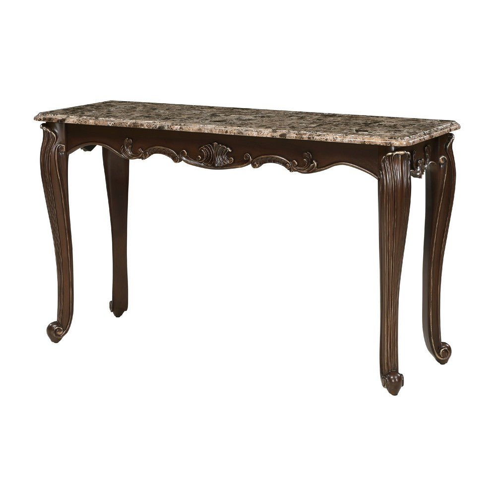 Hesar Sofa Console Table, 53 Inch Marble, Cherry Brown Wood, Cabriole -BM335955