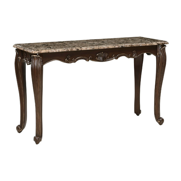 Hesar Sofa Console Table, 53 Inch Marble, Cherry Brown Wood, Cabriole -BM335955
