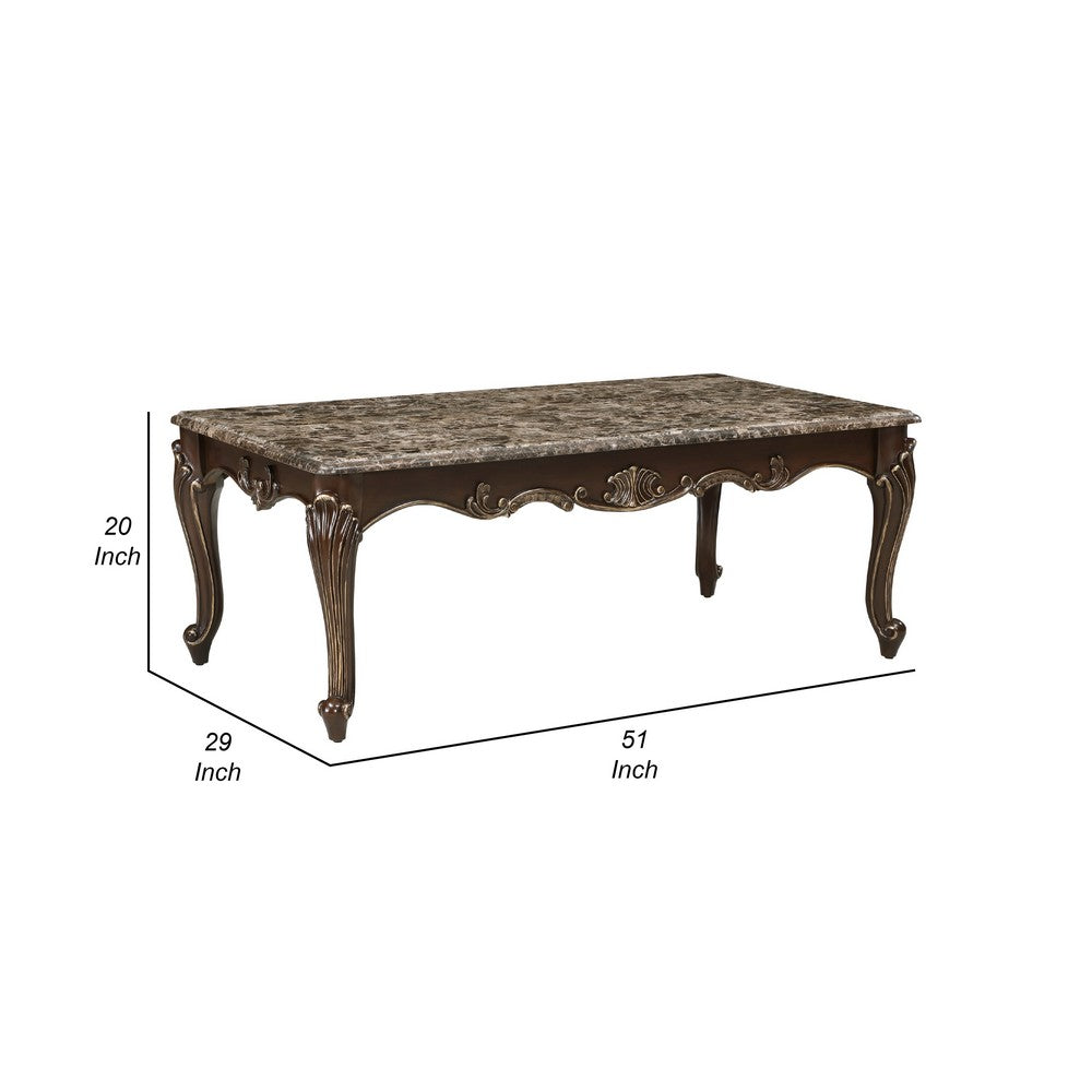 Hesar Coffee Table, 51 Inch Marble Top, Cherry Brown, Cabriole Legs -BM335956