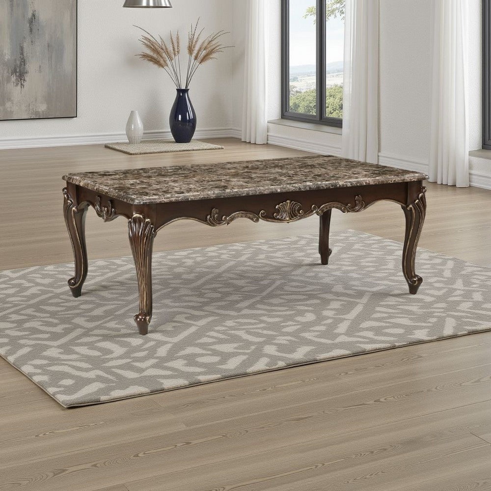 Hesar Coffee Table, 51 Inch Marble Top, Cherry Brown, Cabriole Legs -BM335956