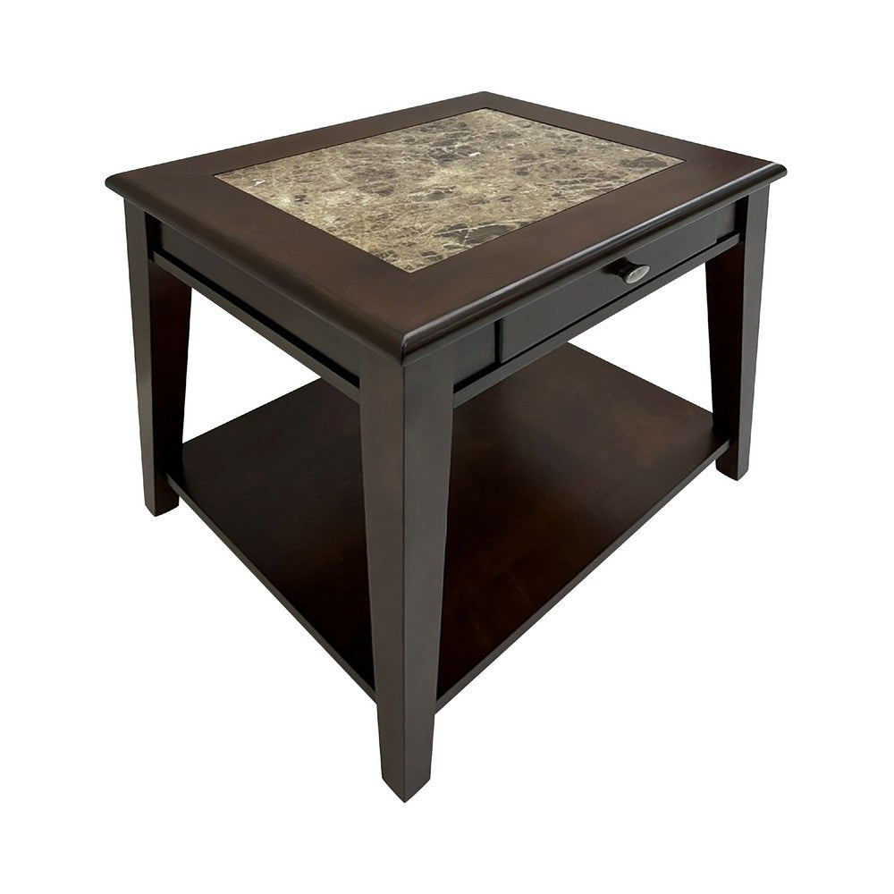 Side End Table, Drawer and Shelf, Classic Cherry Brown Finish, 26 Inch -BM335957