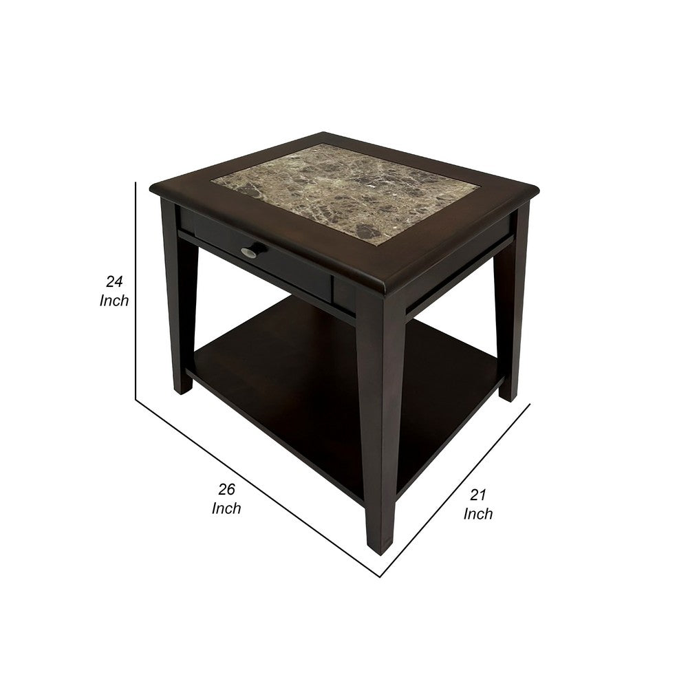 Side End Table, Drawer and Shelf, Classic Cherry Brown Finish, 26 Inch -BM335957