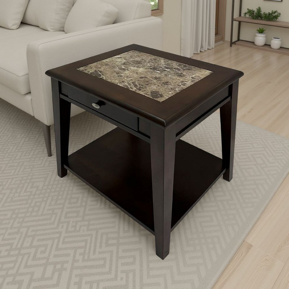 Side End Table, Drawer and Shelf, Classic Cherry Brown Finish, 26 Inch -BM335957