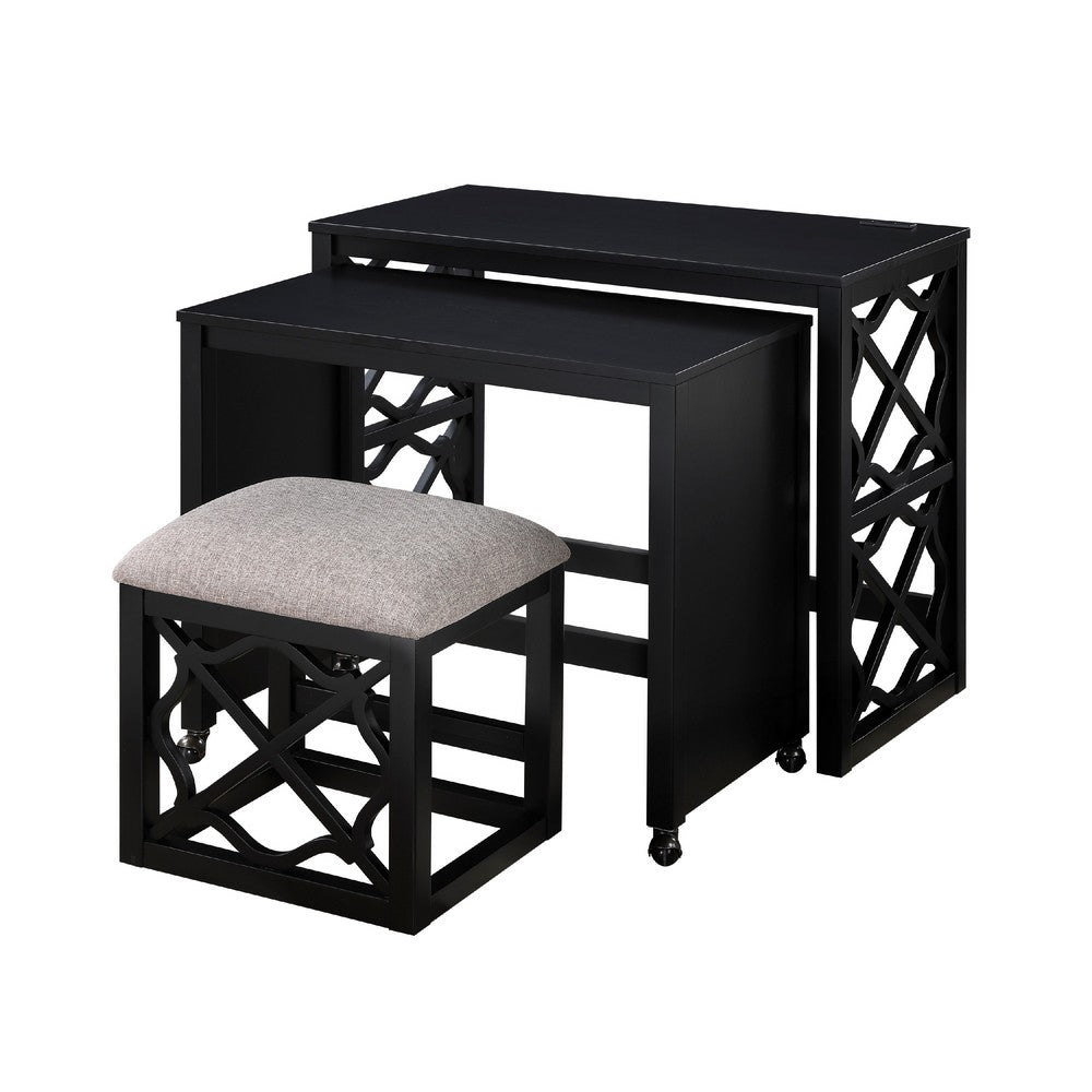 Syna 3 Piece Nesting Desk and Stool Set, Black Wood, Gray Polyester -BM335967