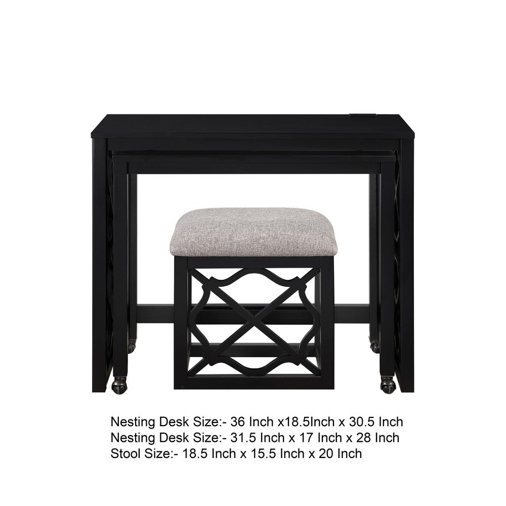 Syna 3 Piece Nesting Desk and Stool Set, Black Wood, Gray Polyester -BM335967
