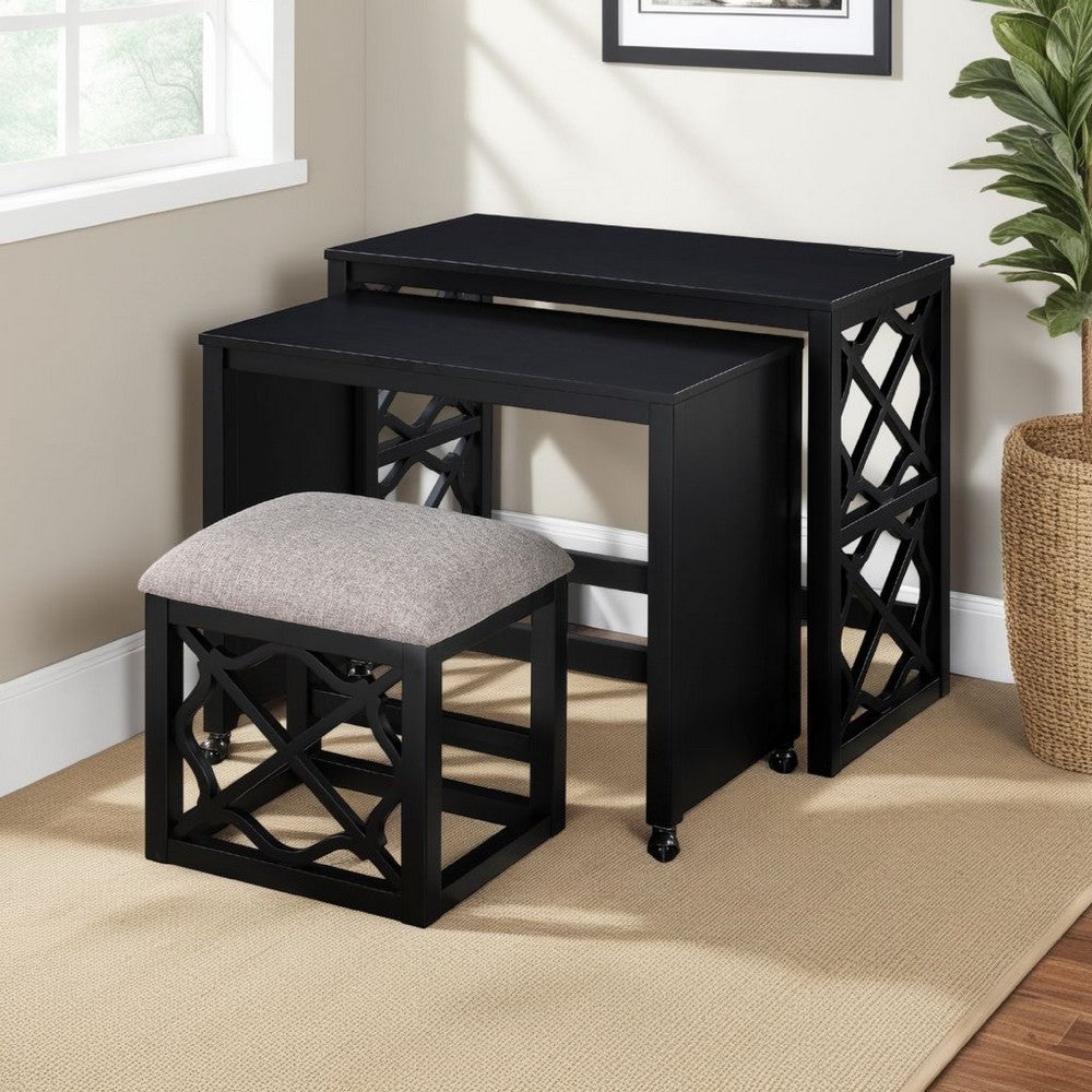 Syna 3 Piece Nesting Desk and Stool Set, Black Wood, Gray Polyester -BM335967