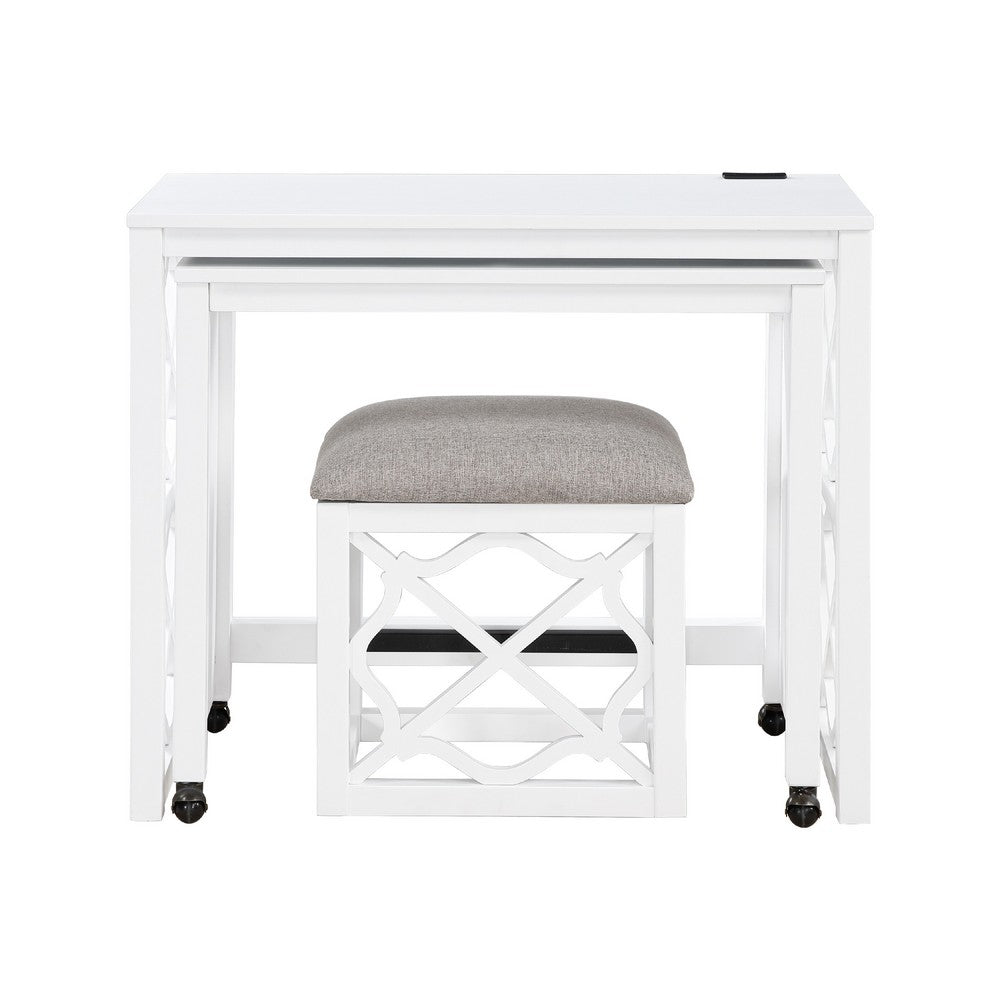 Syna 3 Piece Nesting Desk and Stool Set, White Wood, Gray Polyester -BM335968