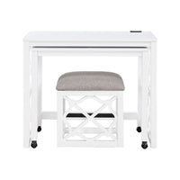 Syna 3 Piece Nesting Desk and Stool Set, White Wood, Gray Polyester -BM335968