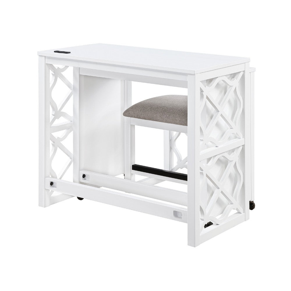 Syna 3 Piece Nesting Desk and Stool Set, White Wood, Gray Polyester -BM335968