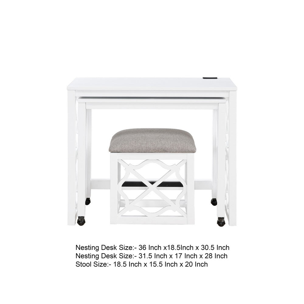Syna 3 Piece Nesting Desk and Stool Set, White Wood, Gray Polyester -BM335968