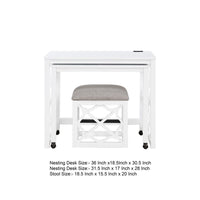 Syna 3 Piece Nesting Desk and Stool Set, White Wood, Gray Polyester -BM335968